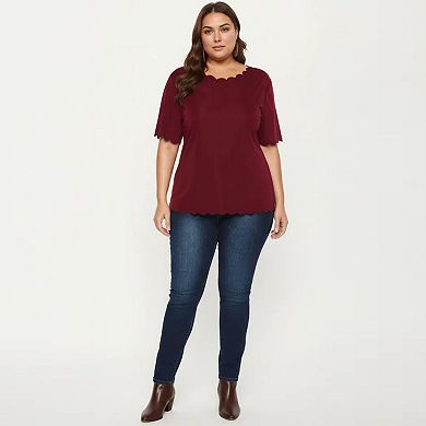 Plus Size Short Sleeve Top with Scalloped Hem Round Neck Loose Fit Casual Blouse