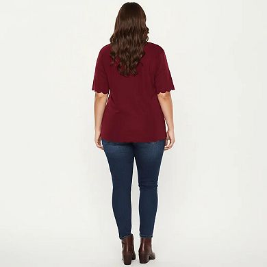 Plus Size Short Sleeve Top with Scalloped Hem Round Neck Loose Fit Casual Blouse