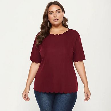 Plus Size Short Sleeve Top with Scalloped Hem Round Neck Loose Fit Casual Blouse