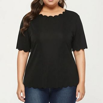 Plus Size Short Sleeve Top with Scalloped Hem Round Neck Loose Fit Casual Blouse
