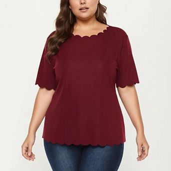 Plus Size Short Sleeve Top with Scalloped Hem Round Neck Loose Fit Casual Blouse