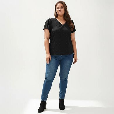 Women's Plus Size Short Sleeve V Neck Blouse with Textured Swiss Dot Fabric Lightweight Woven Top
