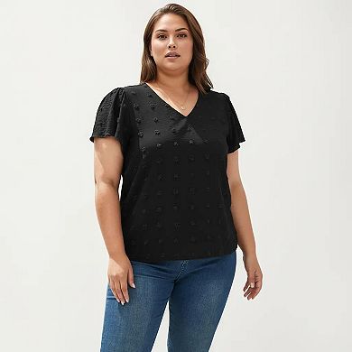 Women's Plus Size Short Sleeve V Neck Blouse with Textured Swiss Dot Fabric Lightweight Woven Top