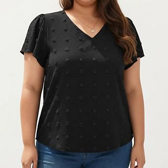 Women's Plus Size Short Sleeve V Neck Blouse with Textured Swiss Dot Fabric Lightweight Woven Top