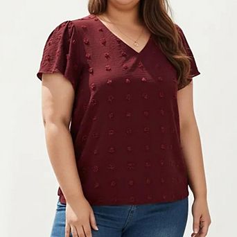 Women's Plus Size Short Sleeve V Neck Blouse with Textured Swiss Dot Fabric Lightweight Woven Top