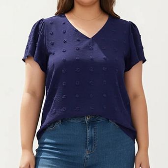 Women's Plus Size Short Sleeve V Neck Blouse with Textured Swiss Dot Fabric Lightweight Woven Top