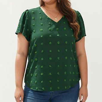 Women's Plus Size Short Sleeve V Neck Blouse with Textured Swiss Dot Fabric Lightweight Woven Top
