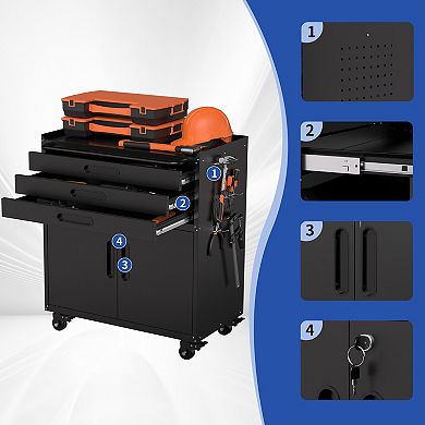 VIYET 34" Rolling Metal Tool Cabinet - Mobile Garage Workbench with 3 Drawers & Locking Doors
