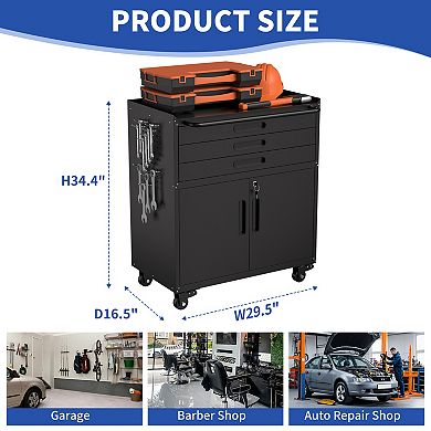 VIYET 34" Rolling Metal Tool Cabinet - Mobile Garage Workbench with 3 Drawers & Locking Doors
