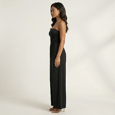 Strapless Wide Leg Jumpsuit with Smocked Bodice Elastic Waist Flowy Relaxed Fit