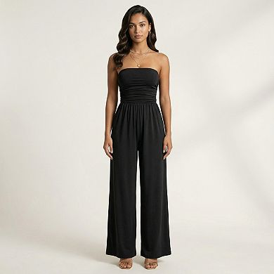 Strapless Wide Leg Jumpsuit with Smocked Bodice Elastic Waist Flowy Relaxed Fit