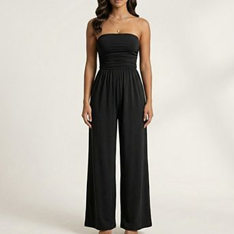 Strapless Wide Leg Jumpsuit with Smocked Bodice Elastic Waist Flowy Relaxed Fit