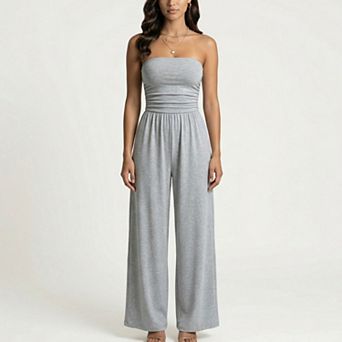 Strapless Wide Leg Jumpsuit with Smocked Bodice Elastic Waist Flowy Relaxed Fit