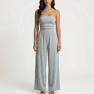 Anna-Kaci Strapless Wide Leg Jumpsuit with Smocked Bodice Elastic Waist Flowy Relaxed Fit, Small 4-6 / Gray