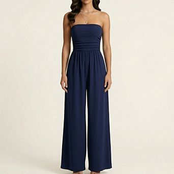 Strapless Wide Leg Jumpsuit with Smocked Bodice Elastic Waist Flowy Relaxed Fit