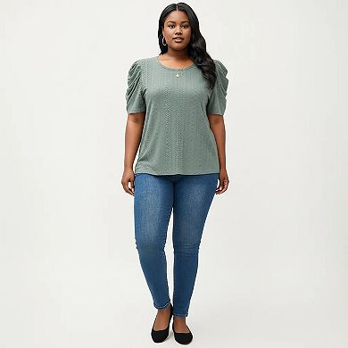Women's Plus Size Short Sleeve Knit Top with Puff Sleeves Textured Pattern Crew Neck Relaxed Shirt
