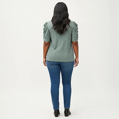 Women's Plus Size Short Sleeve Knit Top with Puff Sleeves Textured Pattern Crew Neck Relaxed Shirt