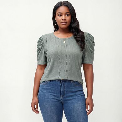 Women's Plus Size Short Sleeve Knit Top with Puff Sleeves Textured Pattern Crew Neck Relaxed Shirt