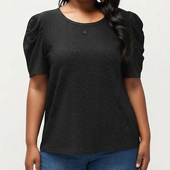 Women's Plus Size Short Sleeve Knit Top with Puff Sleeves Textured Pattern Crew Neck Relaxed Shirt