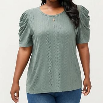 Women's Plus Size Short Sleeve Knit Top with Puff Sleeves Textured Pattern Crew Neck Relaxed Shirt