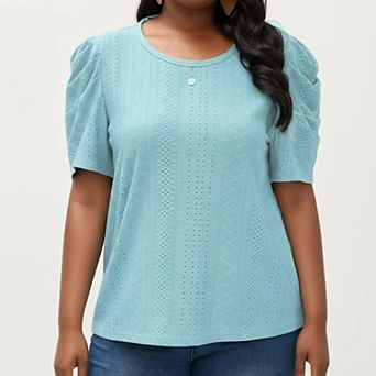 Women's Plus Size Short Sleeve Knit Top with Puff Sleeves Textured Pattern Crew Neck Relaxed Shirt