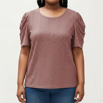 Women's Plus Size Short Sleeve Knit Top with Puff Sleeves Textured Pattern Crew Neck Relaxed Shirt