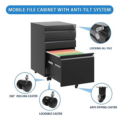 VIYET 3-Drawer Mobile File Cabinet - Fully Assembled Heavy Duty Under Desk Locking Storage