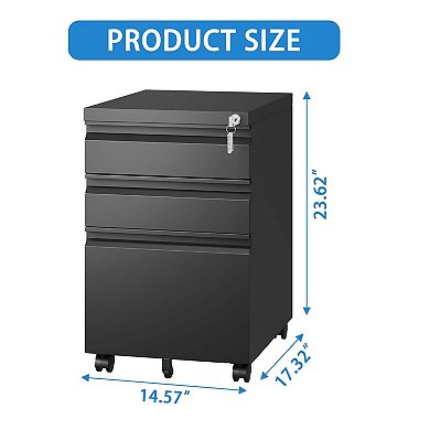 VIYET 3-Drawer Mobile File Cabinet - Fully Assembled Heavy Duty Under Desk Locking Storage