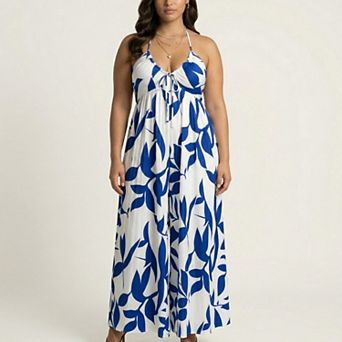 Sleeveless Printed Wide Leg Jumpsuit with Halter Neck Tie Front Detail Flowy Relaxed Fit