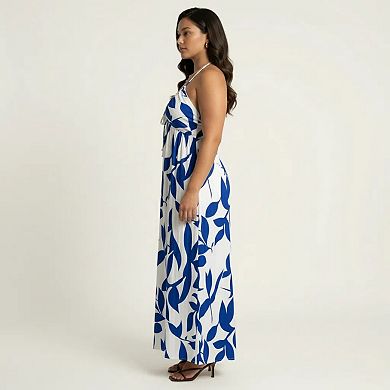 Sleeveless Printed Wide Leg Jumpsuit with Halter Neck Tie Front Detail Flowy Relaxed Fit