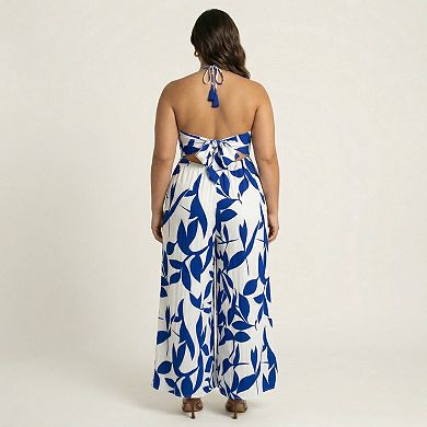 Sleeveless Printed Wide Leg Jumpsuit with Halter Neck Tie Front Detail Flowy Relaxed Fit