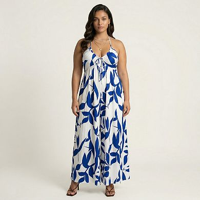 Sleeveless Printed Wide Leg Jumpsuit with Halter Neck Tie Front Detail Flowy Relaxed Fit