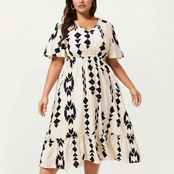 Short Sleeve V Neck Midi Dress with Elastic Waist Geometric Print Tiered Hem Flowy A Line Dress