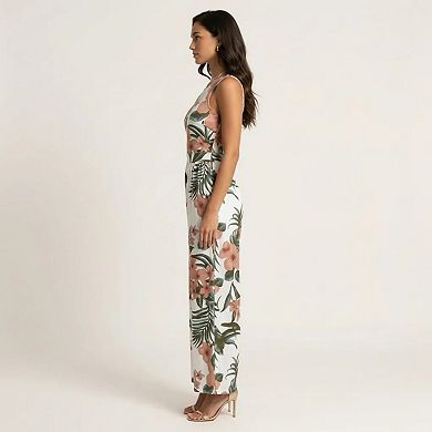 Sleeveless Floral Wide Leg Jumpsuit with Asymmetrical Neckline Adjustable Strap Relaxed Fit