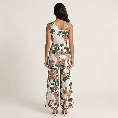 Sleeveless Floral Wide Leg Jumpsuit with Asymmetrical Neckline Adjustable Strap Relaxed Fit
