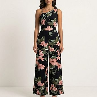 Sleeveless Floral Wide Leg Jumpsuit with Asymmetrical Neckline Adjustable Strap Relaxed Fit