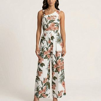 Sleeveless Floral Wide Leg Jumpsuit with Asymmetrical Neckline Adjustable Strap Relaxed Fit