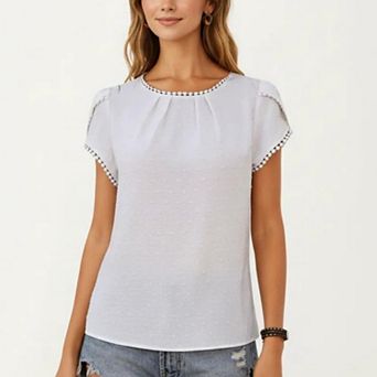 Short Sleeve Blouse with Pom Trim Round Neck Textured Fabric Loose Fit Casual Top