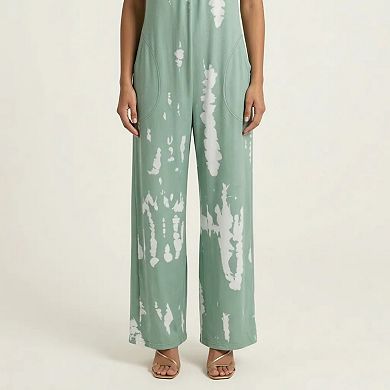 Sleeveless Tie Dye Wide Leg Jumpsuit with Spaghetti Straps Side Pockets Relaxed Fit