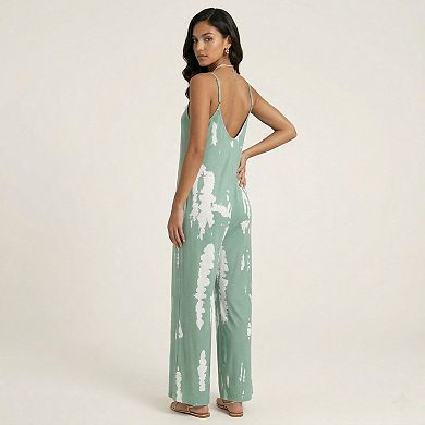 Sleeveless Tie Dye Wide Leg Jumpsuit with Spaghetti Straps Side Pockets Relaxed Fit