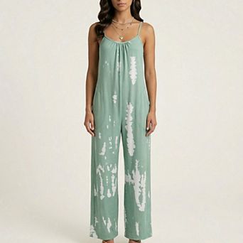 Sleeveless Tie Dye Wide Leg Jumpsuit with Spaghetti Straps Side Pockets Relaxed Fit