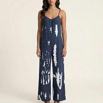 Sleeveless Tie Dye Wide Leg Jumpsuit with Spaghetti Straps Side Pockets Relaxed Fit