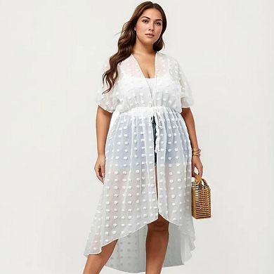 Sheer Midi Cover Up Dress with V Neck Drawstring Waist Swiss Dot High Low Hem Beach Layer