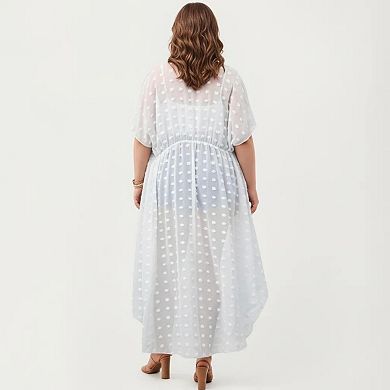 Sheer Midi Cover Up Dress with V Neck Drawstring Waist Swiss Dot High Low Hem Beach Layer