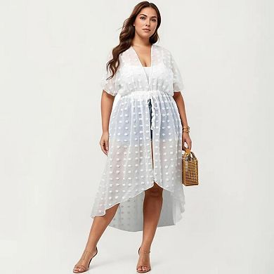 Sheer Midi Cover Up Dress with V Neck Drawstring Waist Swiss Dot High Low Hem Beach Layer