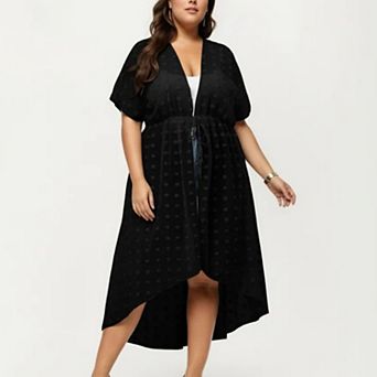 Sheer Midi Cover Up Dress with V Neck Drawstring Waist Swiss Dot High Low Hem Beach Layer