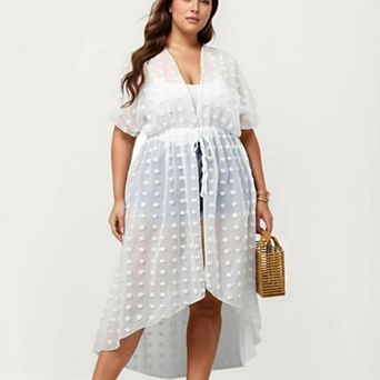 Sheer Midi Cover Up Dress with V Neck Drawstring Waist Swiss Dot High Low Hem Beach Layer