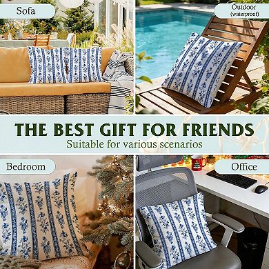 Decorative Throw Pillow, 18" Pillow Cover Singular, Floral Blue Striped