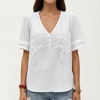 Short Sleeve Blouse with V Neck Button Front Floral Embroidery Textured Casual Top