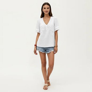 Short Sleeve Blouse with V Neck Button Front Floral Embroidery Textured Casual Top